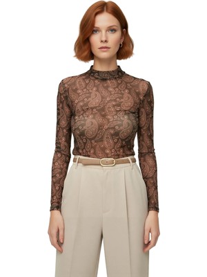 Ersefa Moda Dik Yaka Örme Slim Şal Desen Desen Casual Günlük Regular Uzun Kol Bluz