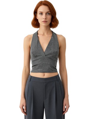 Ersefa Kadın V Yaka Kolsuz Işıltılı Örme Bluz Kaliteli Şık Rahat Modern Zarif Günlük