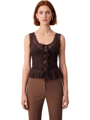 Ersefa Kadın Dantel Detaylı Büzgülü Tül Bluz Kaliteli Şık Rahat Modern Zarif Günlük