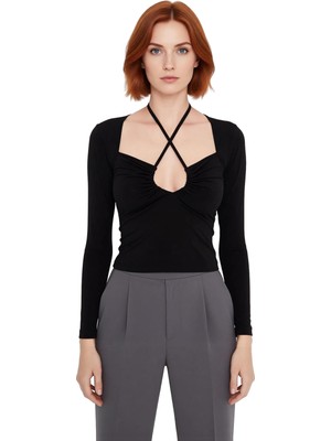 Ersefa Kadın Basic Kesim Boyundan Bağlamalı Uzun Kollu Örme Bluz Esnek Fitted Kalıp Akıllı Smart