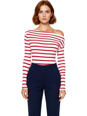 Ersefa Moda Kayık Yaka Örme Slim Çizgili Desen Casual Günlük Regular Uzun Kol Bluz