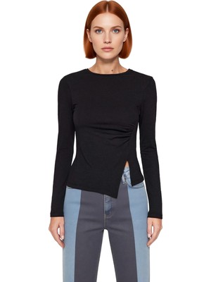 Ersefa Moda Bisiklet Yaka Örme Slim Düz Desen Casual Günlük Regular Uzun Kol Bluz