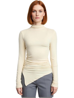 Ersefa Stil Kadın Fitted Büzgü Drape Detaylı Bluz Crop Örme Slim Kalıp