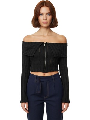 Ersefa Kadın Fermuar Detaylı Carmen Yaka Örme Crop Üst Kaliteli Şık Rahat Modern Zarif Günlük