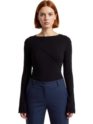 Ersefa Kadın Bisiklet Yaka Nervürlü Fitted Örme Bluz Ispanyol Kol Detaylı Kaliteli Şık Rahat Modern