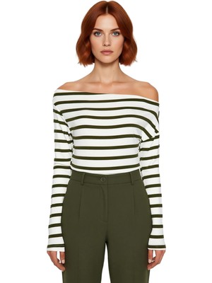 Ersefa Moda Kayık Yaka Örme Slim Çizgili Desen Casual Günlük Regular Uzun Kol Bluz