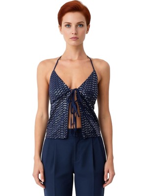 Ersefa Kadınlar Için Crop Kesim Ince Askılı Boyundan Bağlamalı Örme Kumaş Bluz Kaliteli Şık Rahat