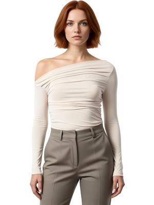 Ersefa Stil Kadın Büzgü Drape Detaylı Fitted Vücuda Oturan Kollu Esnek Bluz Regular Örme Slim Kalıp