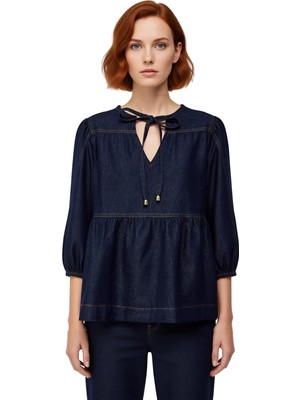 Ersefa Kadın Denim Bluz Truvakar Kol ve Bağlama Detaylı Bisiklet Yaka Kaliteli Şık Rahat Modern Zarif