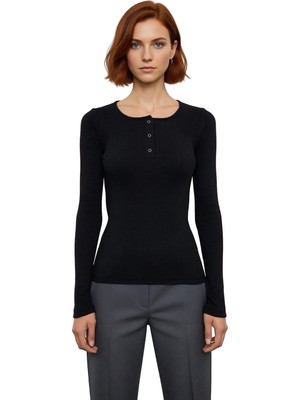 Ersefa Stil Kadın Çıtçıtlı Fitted Vücuda Oturan Fitilli Esnek Bluz Regular Örme Slim Kalıp