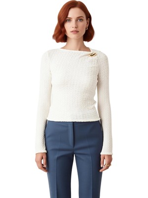 Ersefa Kadın Vücuda Oturan Dokulu Uzun Kollu Asimetrik Yaka Örme Bluz Kaliteli Şık Rahat Modern Zarif