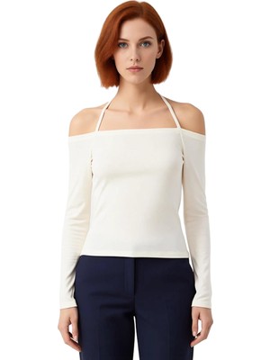 Ersefa Kadın Carmen Yaka Uzun Kollu Fitted Örme Bluz Bağlama Detaylı Kaliteli Şık Rahat Modern Zarif