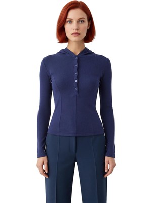 Ersefa Kadın Vücuda Oturan Kapüşonlu Düğmeli Uzun Kollu Örme Üst Kaliteli Şık Rahat Modern Zarif Günlük