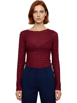 Ersefa Stil Kadın Fitted Vücuda Oturan Dokulu Tül Esnek Bluz Regular Örme Slim Kalıp