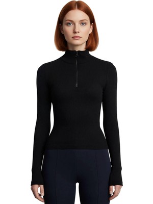 Ersefa Kadın Fermuarlı Dik Yaka Uzun Kollu Esnek Örme Bluz Vücuda Oturan Basic Siluet Cool & Comfort Tarzı