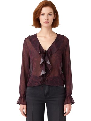 Ersefa Kadın Şifon Bluz V Yaka Uzun Kol Bağcıklı ve Desenli Tasarım Kaliteli Şık Rahat Modern Zarif