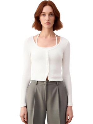 Ersefa Kadın Düğmeli Bisiklet Yaka Vücuda Oturan Uzun Kollu Örme Üst Kaliteli Şık Rahat Modern Zarif