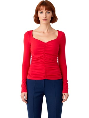 Ersefa Kadın Büzgülü V Yaka Uzun Kollu Vücuda Oturan Örme Üst Kaliteli Şık Rahat Modern Zarif Günlük