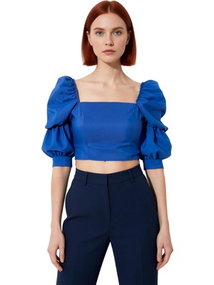 Ersefa Kadın Feminine Fitted Kare Yaka Dokuma Bluz Balon Kol Truvakar Kol Günlük Casual Yazlık Kaliteli