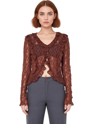 Ersefa Kadın Uzun Kollu V Yaka Örme Bluz Fırfır Detaylı ve Flare Kol Tasarım Kaliteli Şık Rahat Modern