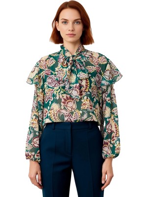 Ersefa Kadın Desenli Şifon Bluz Fular Yaka ve Uzun Kol Detaylı Kaliteli Şık Rahat Modern Zarif Günlük