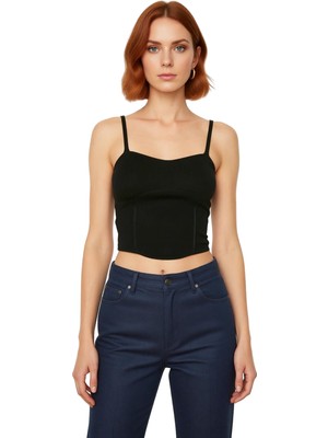 Ersefa Super Crop Büstiyer Triko Kumaş Kalp Yaka Ince Askılı Rahat Günlük Stil