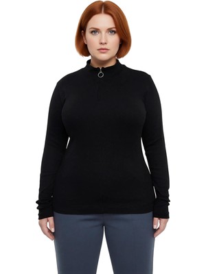 Ersefa Kadın Vücuda Oturan Dik Yaka Fermuarlı Kaşkorse Örme Uzun Kollu Bluz Casual Günlük Kullanıma