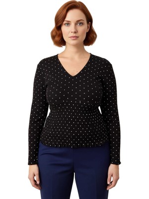 Ersefa Kadın Puantiye Desenli V Yaka Kaşkorse Örme Bluz Büyük Beden Kaliteli Şık Rahat Modern Zarif