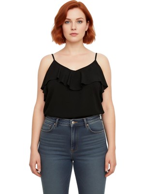 Ersefa Kadın Büyük Beden V Yaka Volanlı Askılı Dokuma Bluz Günlük Tarzı Cool Comfort Koleksiyonu Için