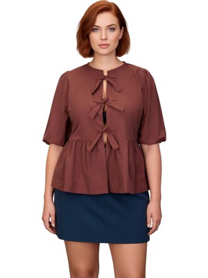 Ersefa Stil Kadın Kadın Fiyonklu Bluz Uzun Dokuma Regular Kalıp Büyük Beden