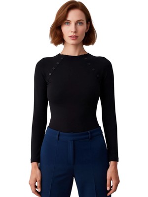 Ersefa Kadın Dik Yaka Düğmeli Fitted Vücuda Oturan Örme Bluz Kaliteli Şık Rahat Modern Zarif Günlük