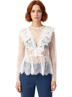 Ersefa Kadınlar Için Şık Örme Dantel Detaylı Bisiklet Yaka Uzun Kollu Bluz Kaliteli Şık Rahat Modern