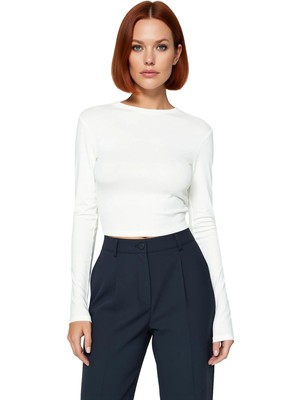 Ersefa Kadın Fitted Viskoza Elastan Karışımlı Bluz Pembe Bisiklet Yaka Crop Kesim Uzun Kollu Tüm Sezonlar