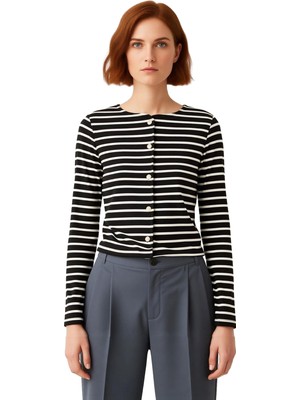 Ersefa Kadın Bisiklet Yaka Düğmeli Uzun Kollu Çizgili Interlok Örme Üst Kaliteli Şık Rahat Modern