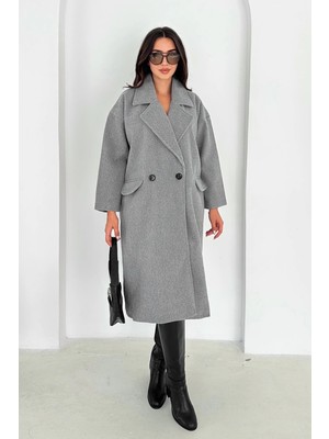 Kendinden Desenli Midi Kaban Gri