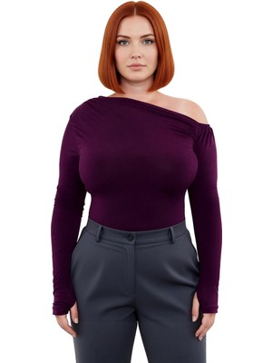 Ersefa Kadın Uzun Kollu Asimetrik Yaka Polyester Bluz Sandy Dokuma Günlük Tarz Büzgülü Tasarım Kaliteli