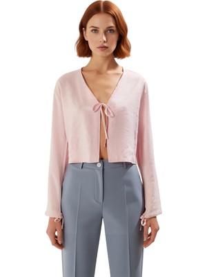 Ersefa Kadın V Yaka Bağlantılı Düşük Kollu Dokuma Bluz Kaliteli Şık Rahat Modern Zarif Günlük