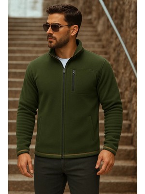 Comstar Erkek Fermuarlı Trend Kışlık Cepli Haki Polar Hırka