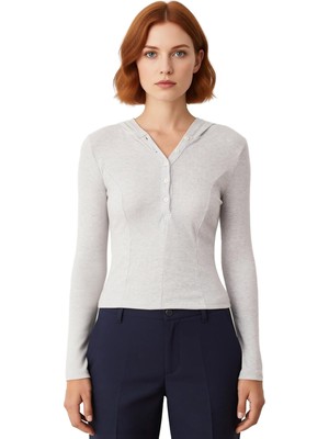 Ersefa Kadın Vücuda Oturan Kapüşonlu Düğmeli Uzun Kollu Örme Üst Kaliteli Şık Rahat Modern Zarif Günlük