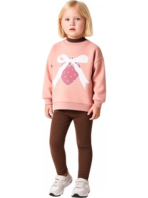 Ersefa Kız Çocuk Pamuklu Baskılı Bisiklet Yaka Oversize Sweatshirt ve Tayt Seti Kaliteli Şık Rahat