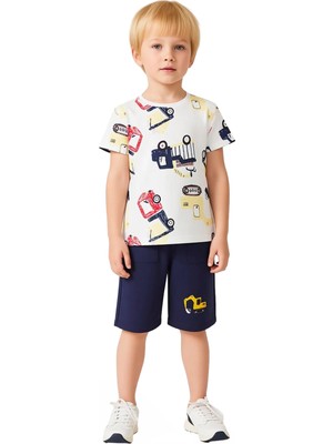Ersefa Erkek Çocuk Araç Baskılı Pamuklu Tişört ve Şort Iki Parça Set Kaliteli Şık Rahat