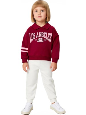 Ersefa Kız Çocuk Slogan Baskılı Polo Yaka Pamuklu Oversize Örme Takım Kaliteli Şık Rahat