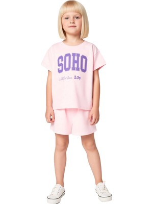 Ersefa Kız Çocuk Pamuklu Slogan Detaylı Günlük Kısa Kollu Iki Parça Set Kaliteli Şık Rahat