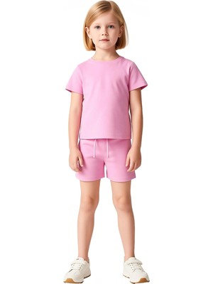 Ersefa Kız Çocuk Pamuklu Interlok Şortlu Kısa Kol Üstlü Günlük Takım Kaliteli Şık Rahat