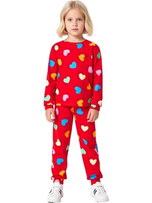 Ersefa Kız Çocuk Pamuk Polyester Örme Kalp Baskılı Pijama Takımı Kaliteli Şık Rahat  Günlük