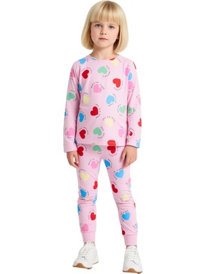 Ersefa Kız Çocuk Pamuk Polyester Örme Kalp Baskılı Pijama Takımı Kaliteli Şık Rahat  Günlük