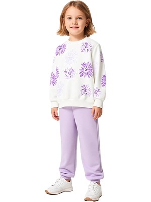 Ersefa Kız Çocuk Pamuklu Örme Takım Sweatshirt ve Eşofman Altı Çiçek Desenli Kaliteli Şık Rahat