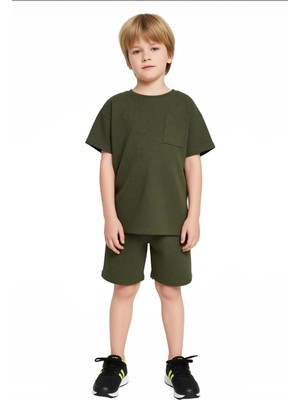 Ersefa Erkek Çocuk Pamuklu Waffle Dokulu Tişört ve Şort Iki Parça Set Kaliteli Şık Rahat
