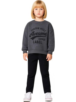 Ersefa Kız Çocuk Slogan Baskılı Polar Sweatshirt ve Esnek Tayt Ikili Takım Kaliteli Şık Rahat