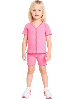 Ersefa Kız Çocuk V Yaka Düz Örme Kısa Kollu Üst ve Şort Takımı Kaliteli Şık Rahat  Günlük